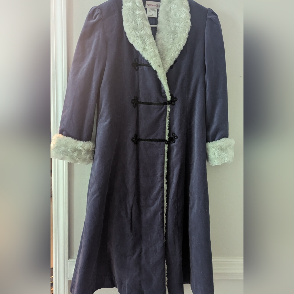 American Girl Samantha Holiday Blue  Special Occasion Coat Faux Fur Trim Size 12